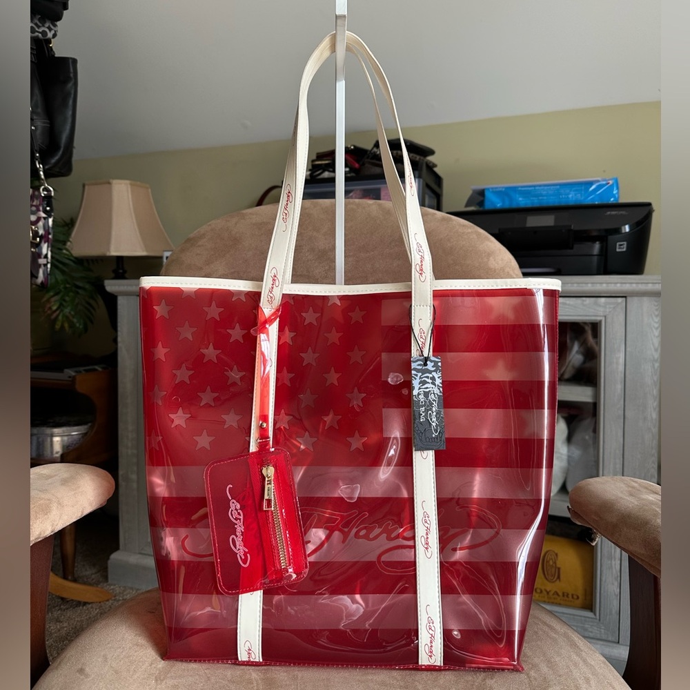 Ed Hardy Red Stars & Stripes Print Clear PVC Tote Bag, New with Tag
